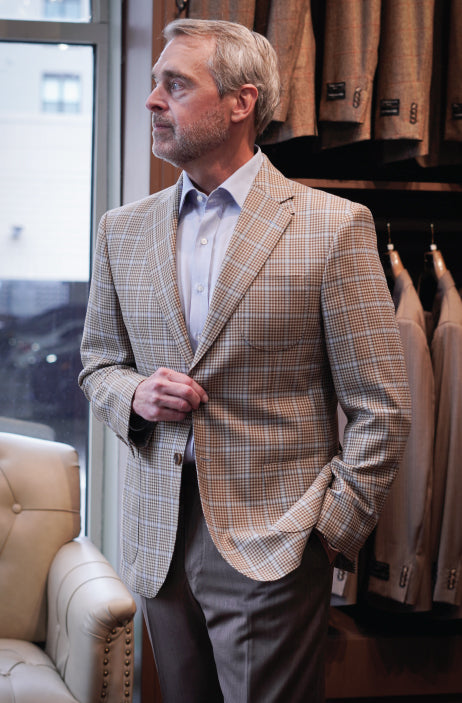Huddersfield Light Sand Gingham with Sky Overcheck Sport Coat