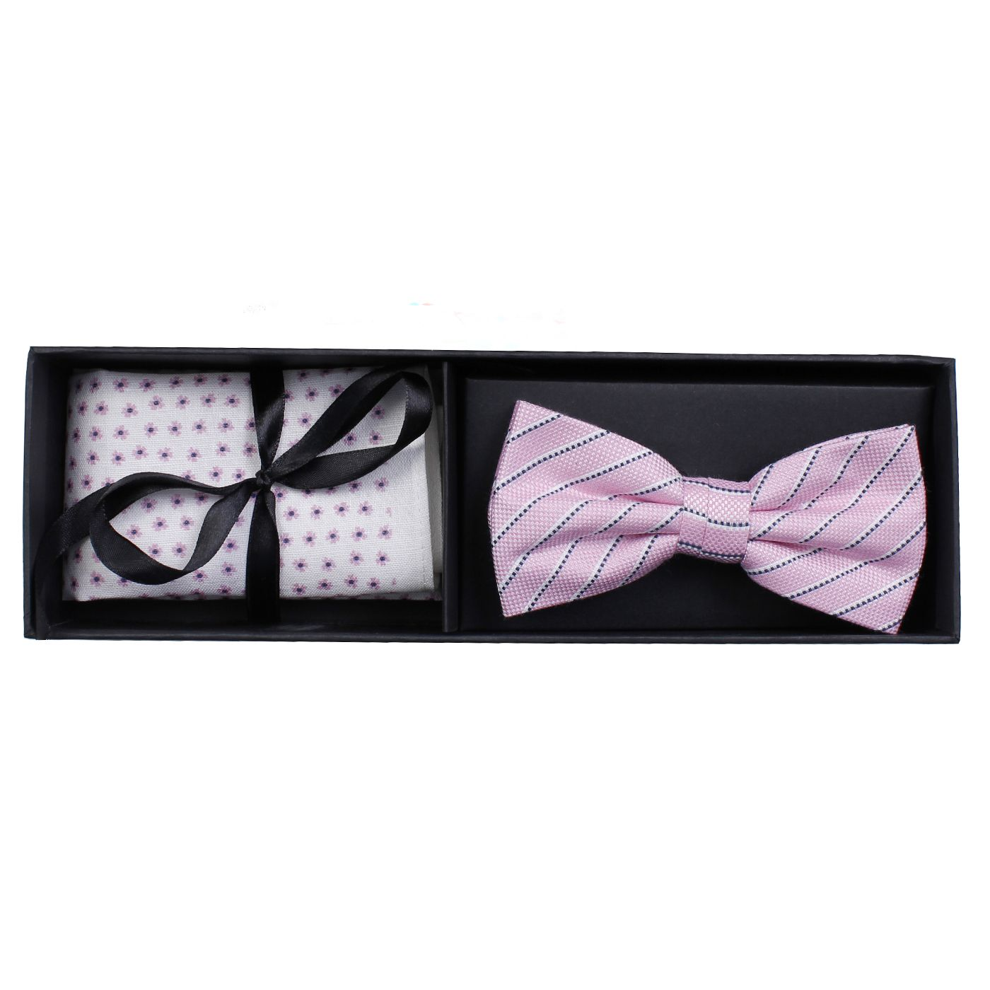 A pink, floral linen pocket square and pink, striped silk bow tie in a box set.
